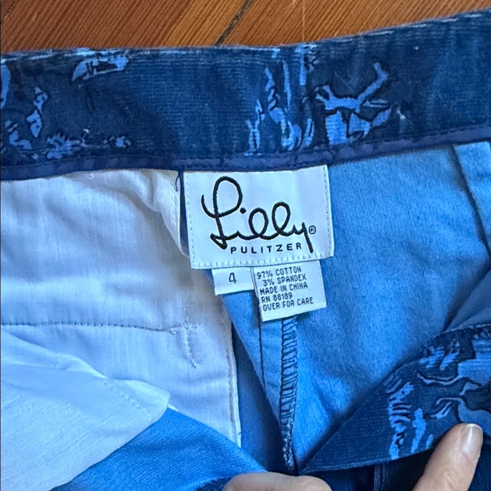 VINTAGE Lilly Pulitzer Blue Corduroy Pants with Horse scene - Picture 2 of 3